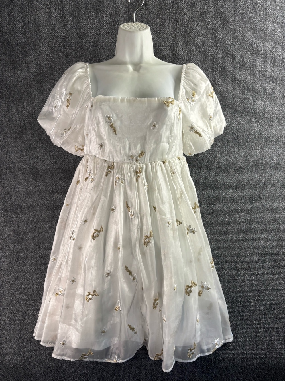 Lulu's White Puff Sleeve Embroidered Party Dress with Gold Accents